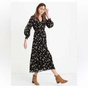 Madewell georgette in back yard bloom black floral midi dress size xsmall